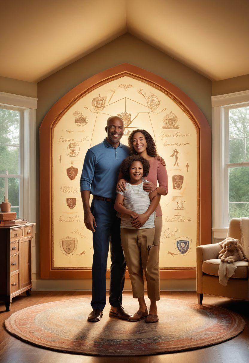 A warm family scene showcasing diverse family members sharing moments of love and support, surrounded by symbols of security and protection like a shield representing liability and life insurance. Soft, glowing light illuminates their joyful expressions, with faint images of policy documents and a cozy home in the background. The atmosphere should evoke a sense of unity and trust. vibrant colors. super-realistic.