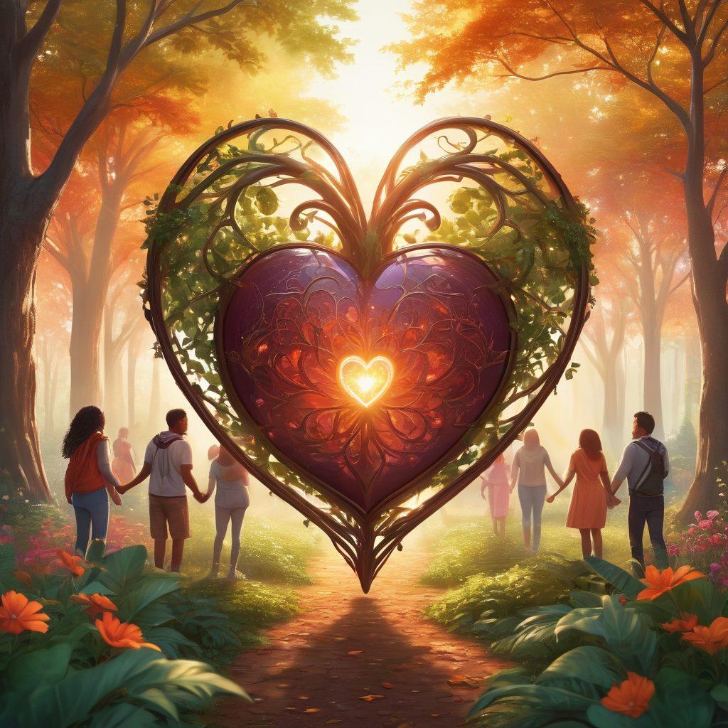 A heart symbol intertwined with a shield, representing love and protection, set against a backdrop of a diverse group of people demonstrating strong relationships. Incorporate elements of nature like trees and sunlight to signify growth and well-being. The overall mood should evoke a sense of security and warmth. vibrant colors. digital illustration.