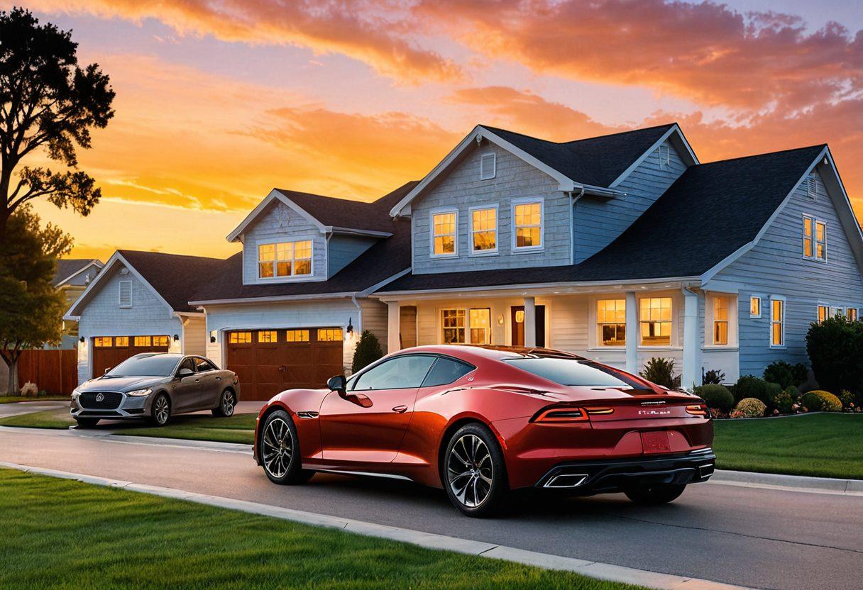 A split visual featuring a sleek car on one side and a cozy home on the other, symbolizing the transition from auto insurance to home insurance. Include a warm sunset backdrop that transitions from a city skyline to a suburban neighborhood. Overlay icons representing various insurance elements like shields, checkmarks, and documents in a flow from the car to the home. The image should evoke feelings of security and intimacy. vibrant colors. super-realistic.